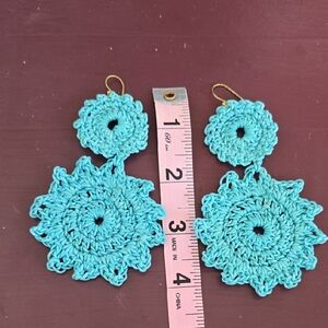 Roller Rabbit- Macrame Drop Aqua Earrings. Knit With Loops.